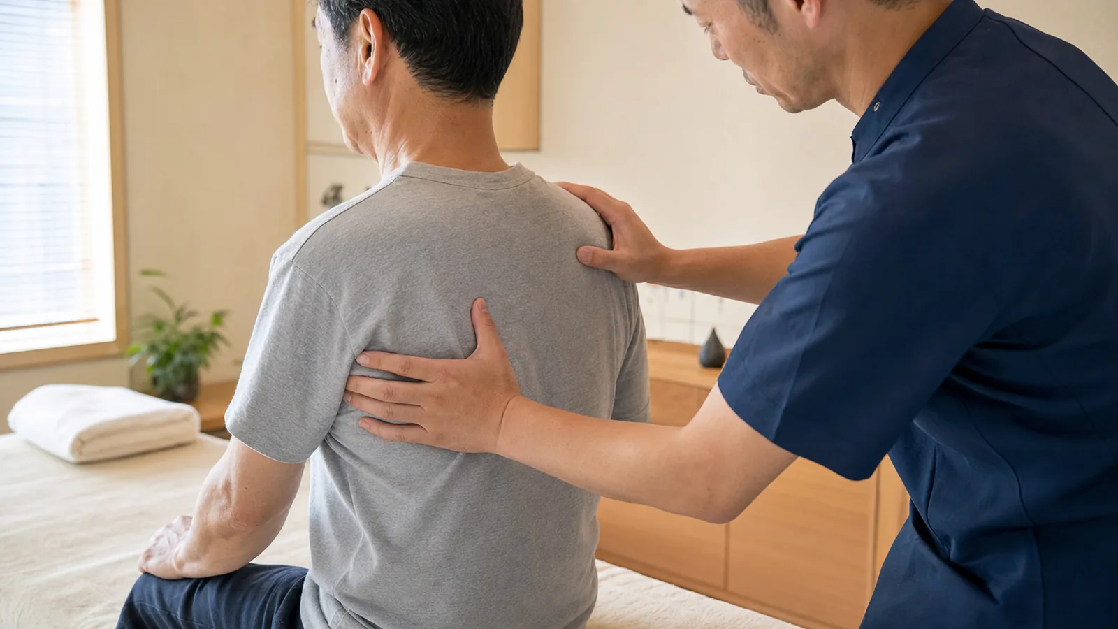 肩甲骨まわりの状態を確認する鍼灸マッサージ施術
