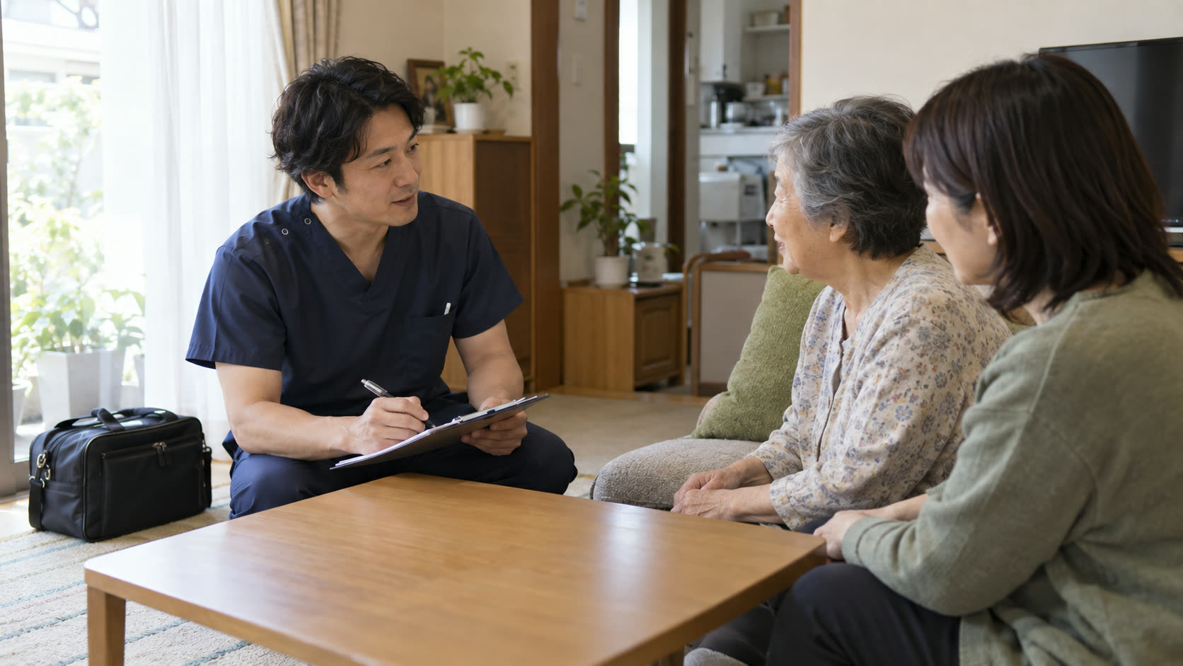訪問施術前にご本人とご家族の話を聞くイメージ
