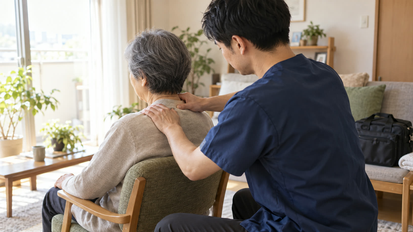 訪問施術前にご本人とご家族の話を聞くイメージ